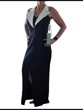 (Tuxedo Dress)Black Maxi Dress with White Lapel Collar - Elegant Evening Dress
